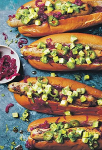 Jerk hot dogs with avocado & jalapeño salsa