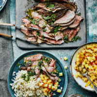 Jerk lamb with coconut rice, pineapple salsa and coriander gremolata