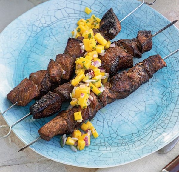 Jerk-marinated pork anticuchos