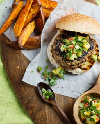 Jerk pork burgers with pineapple salsa