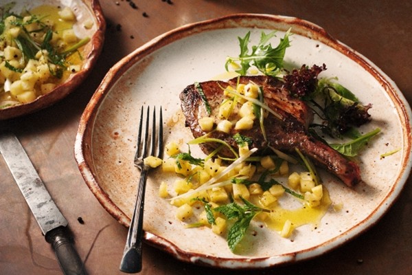 Jerk pork cutlets with pineapple & mint salsa