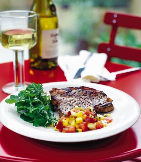 Jerk pork steaks with fruity salsa