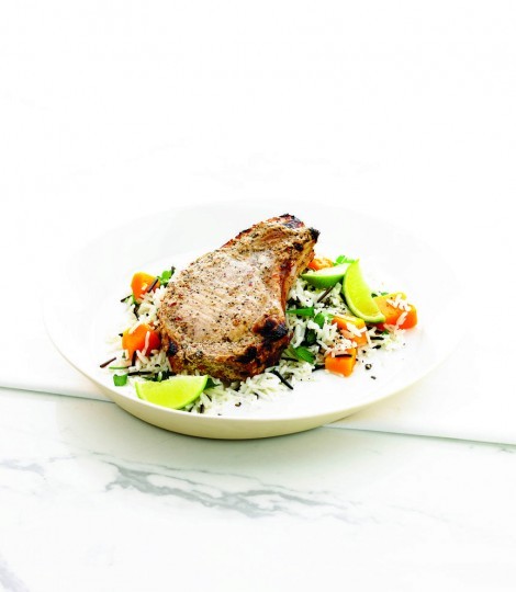 Jerk pork with butternut squash wild rice