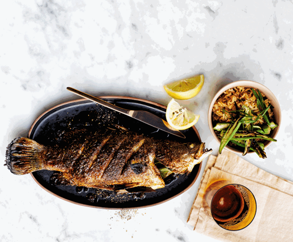 Jerk-rubbed barramundi with dirty rice