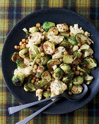 Jerk-spiced Brussels sprouts, cauliflower and chickpeas