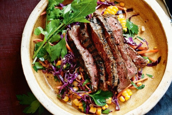 Jerk steaks with cornslaw