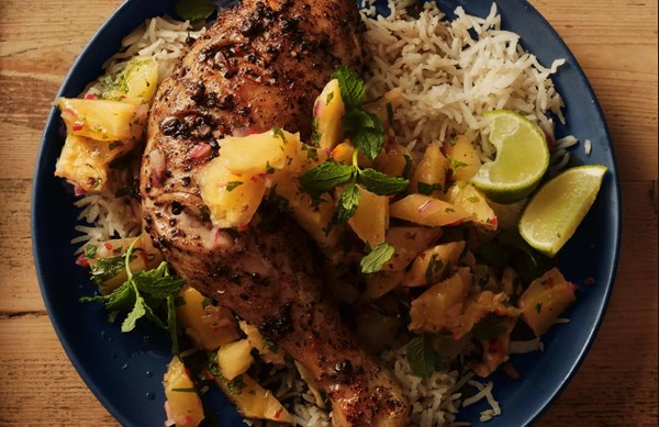Jerk-style chicken with roasted pineapple salsa