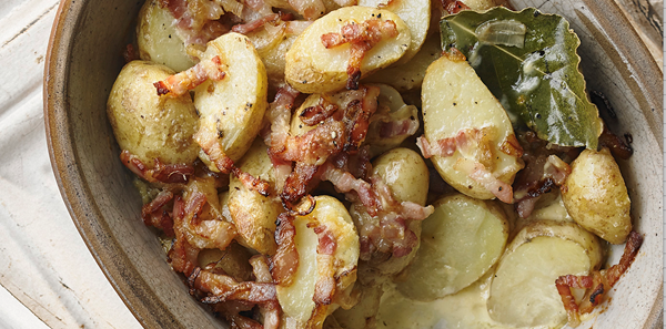 Jersey Royal and bacon gratin
