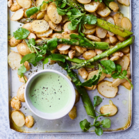 Jersey Royal, butter bean and asparagus traybake