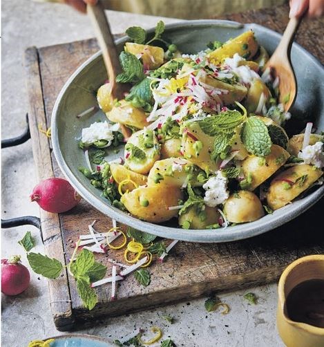 Jersey Royal salad with broad beans, peas, radishes, mint & goat's cheese