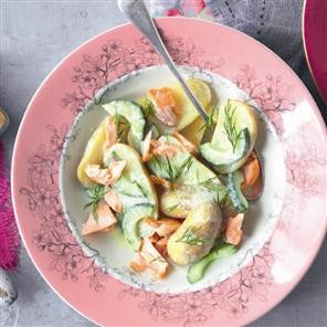 Jersey Royal salad with hot-smoked salmon, dill and mustard crème fraîche