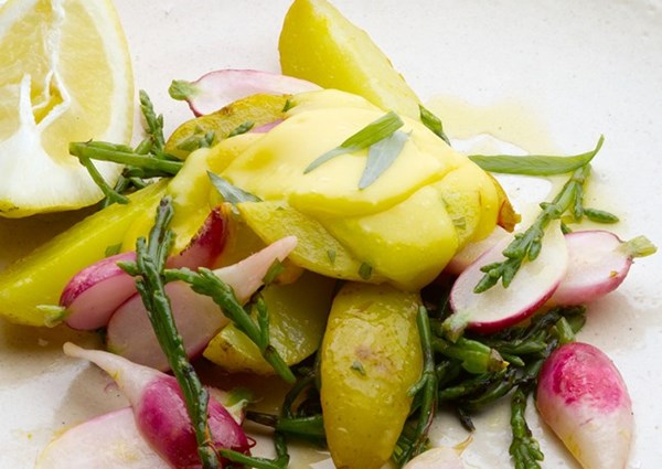 Jersey Royals, samphire and buttered radishes