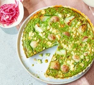 Jersey Royals, wild garlic & watercress tart with pink pickled onions 