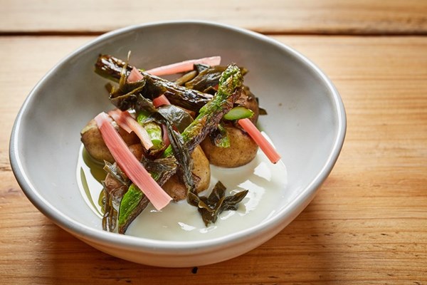  Jersey Royals with asparagus, rhubarb and buttermilk