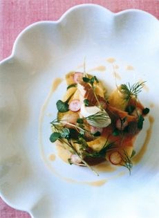 Jersey Royals with avocado, smoked trout and horseradish cream
