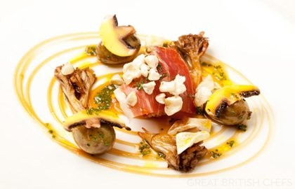 Jersey Royals with crispy eggs, dashi and hen of the woods