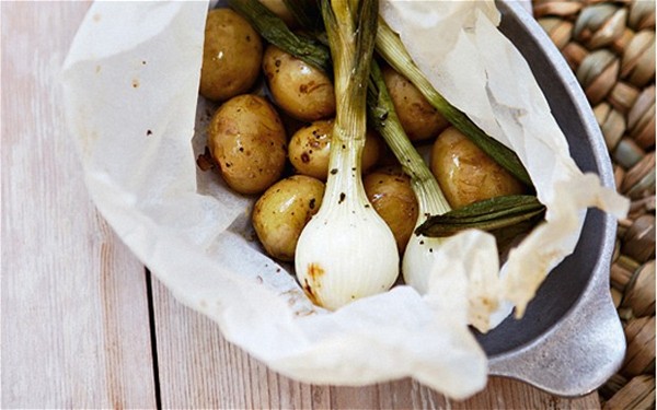 Jersey Royals with spring onions en papillote