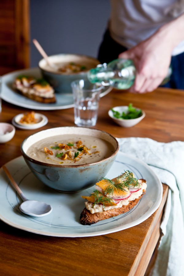 Jerusalem artichoke & parsnip soup with white bean, dill and smoked trout tartines