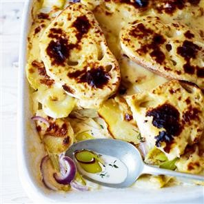 Jerusalem artichoke and potato bake with Welsh rarebit topping