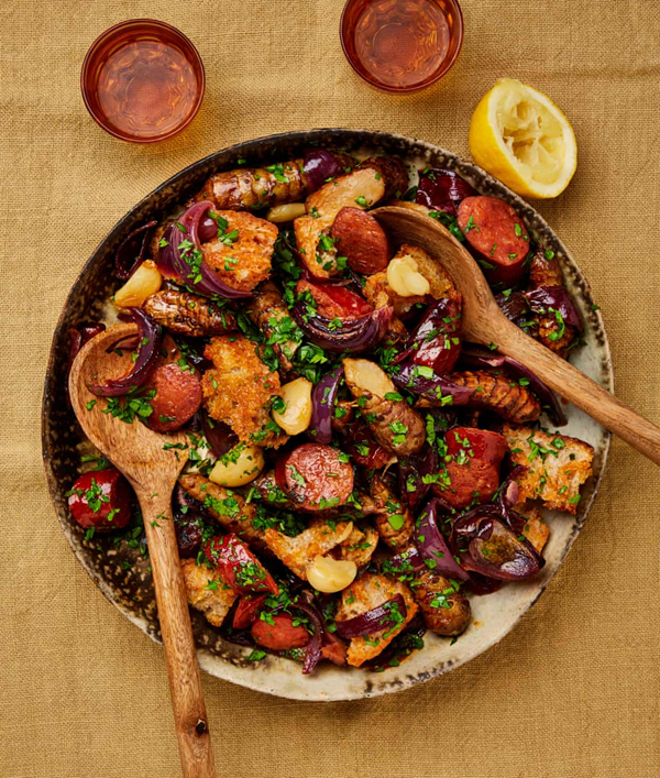 Jerusalem artichoke, chorizo and bread bake