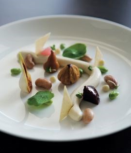 Jerusalem artichoke custard with soy and borlotti beans