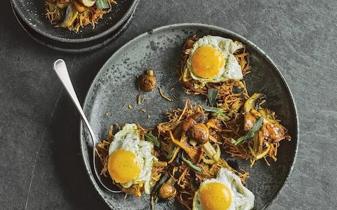 Jerusalem-artichoke fritters with wild mushrooms and fried egg