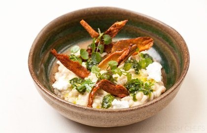 Jerusalem artichoke orzotto with parsley and peanut pesto