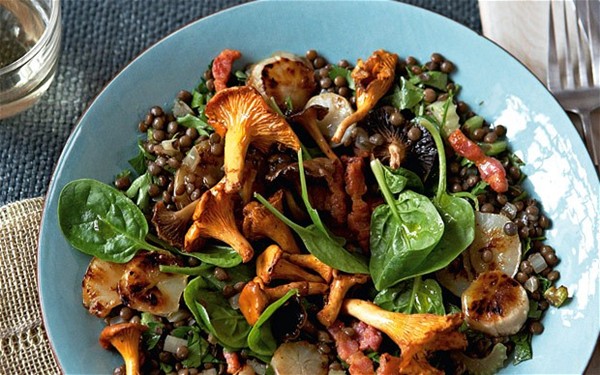 Jerusalem artichoke, wild mushroom, bacon and lentil salad recipe