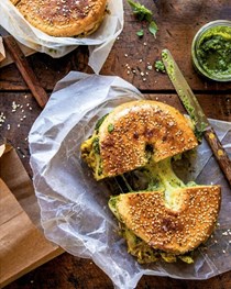 Jerusalem-style egg and cheese bagel with green zhug