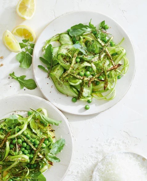 Jess' asparagus, peas, and cucumber "cacio e pepe"