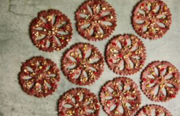 Jewelled pistachio and cherry chocolate snowflakes