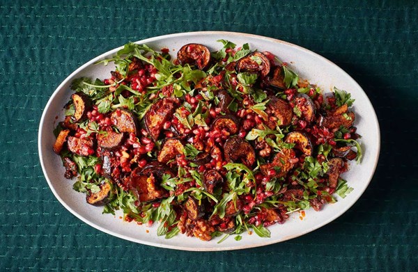 Jewelled roasted aubergines with walnuts, mint & pomegranate