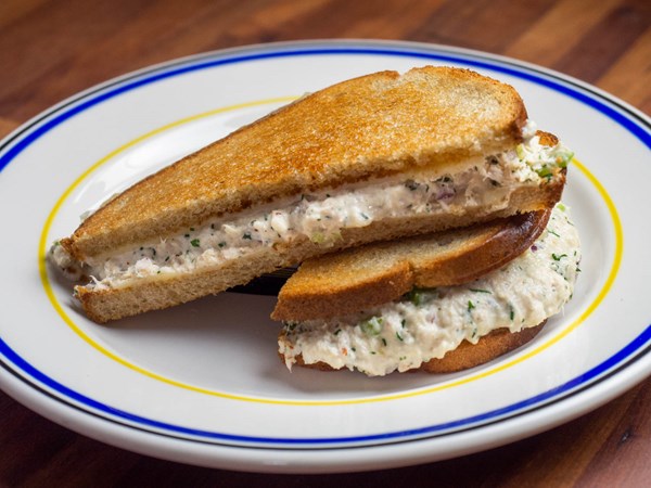 Jewish deli–style tuna melt with relish, dill, celery, and Swiss