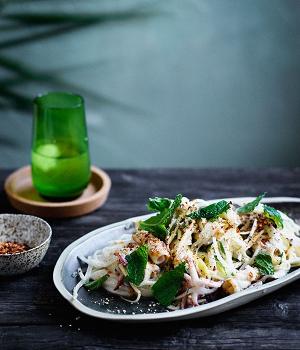 Jicama and green mango salad with grilled calamari
