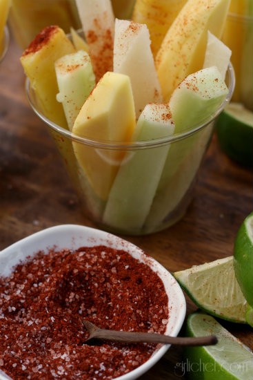 Jicama, cucumber, & fruit cups with chile & lime