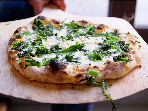 Jim Lahey's no knead pizza with broccoli rabe, garlic, ginger, and Thai chilis (Cook the Book)