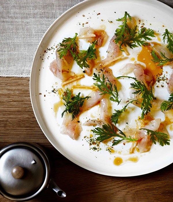 John Dory, sea lettuce salt, sesame dressing and chrysanthemum