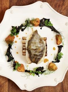 John Dory with salsify (Fillet of John Dory, roast salsify, black trumpet mushrooms and crispy sweetbreads)