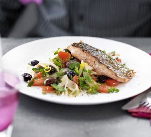 John Torode's charred salmon with fennel & olive salad