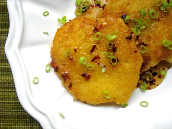 Johnnycakes (cornmeal pancakes) with chili syrup