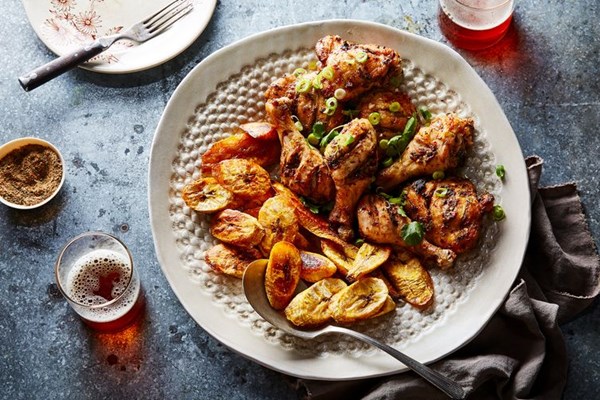 Jollof-spiced chicken with baked plantains