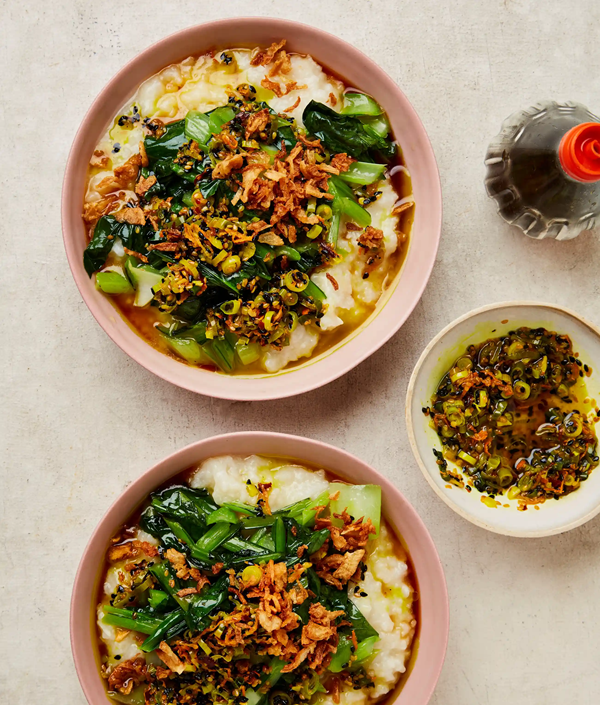 Jook with garlicky choi sum and turmeric oil
