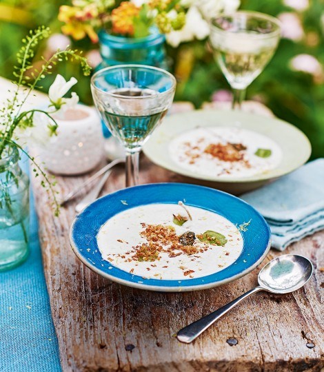 José's chilled almond soup with caperberry migas and grapes