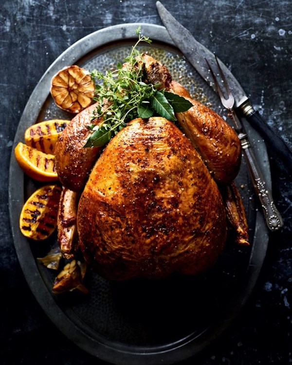 Josh Katz’s brined and barbecue-roasted turkey with beetroot purée and tahini gravy 