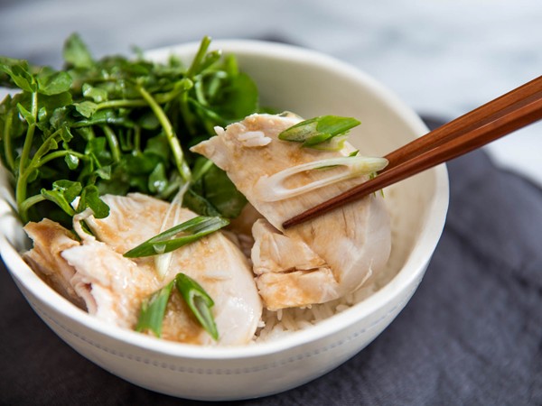 Juicy and tender poached chicken with watercress and miso dressing