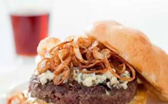 Juicy pub-style burgers with crispy shallots and blue cheese
