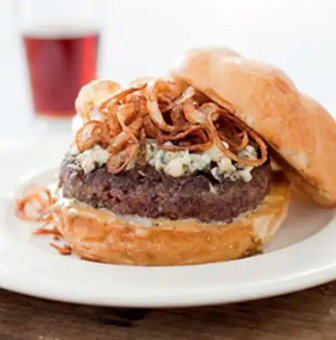 Juicy pub-style burgers with peppered bacon and aged cheddar
