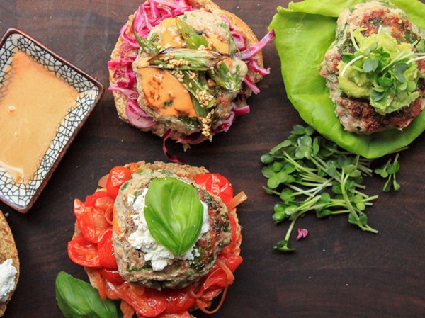 Juicy turkey burgers with sautéed tomatoes, basil, and ricotta