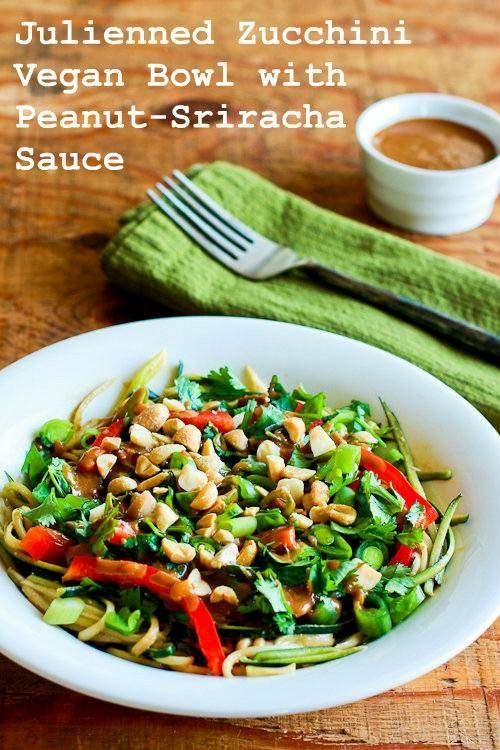 Julienned zucchini vegan bowl with peanut-Sriracha sauce