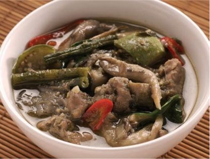 Jungle curry with duck, long beans, oyster mushrooms and holy basil (Kaeng bpa bpet)
